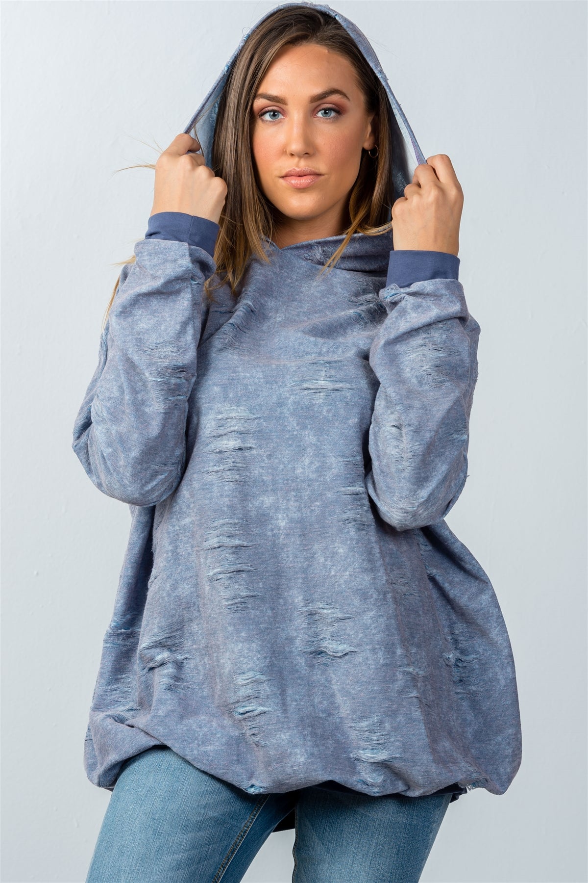 Ladies fashion dark blue oversized distressed hooded sweater