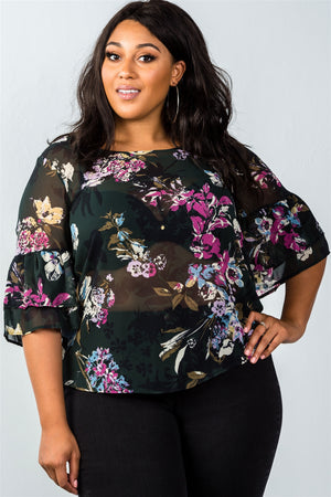 Ladies fashion plus size olive and rose floral sheer print top