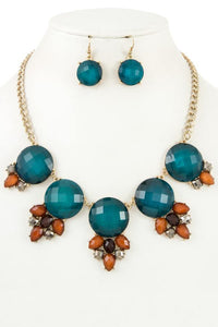 Ladies fashion round faceted framed link gem bib necklace set