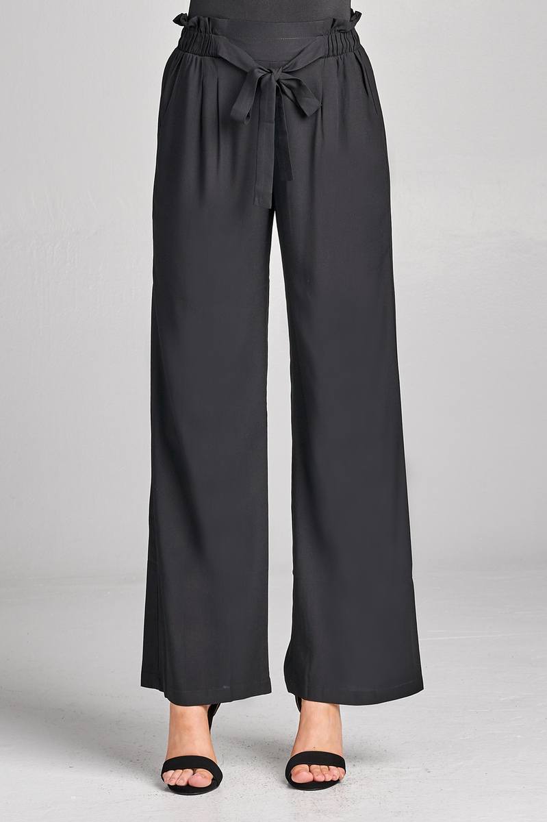 Ladies fashion self ribbon detail long wide leg woven pants