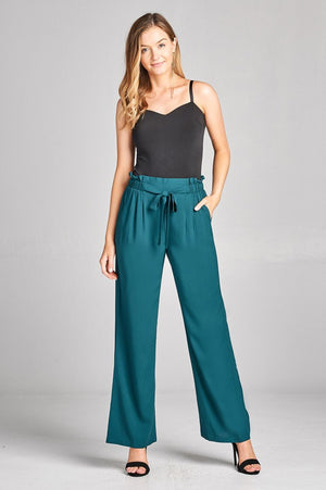 Ladies fashion self ribbon detail long wide leg woven pants