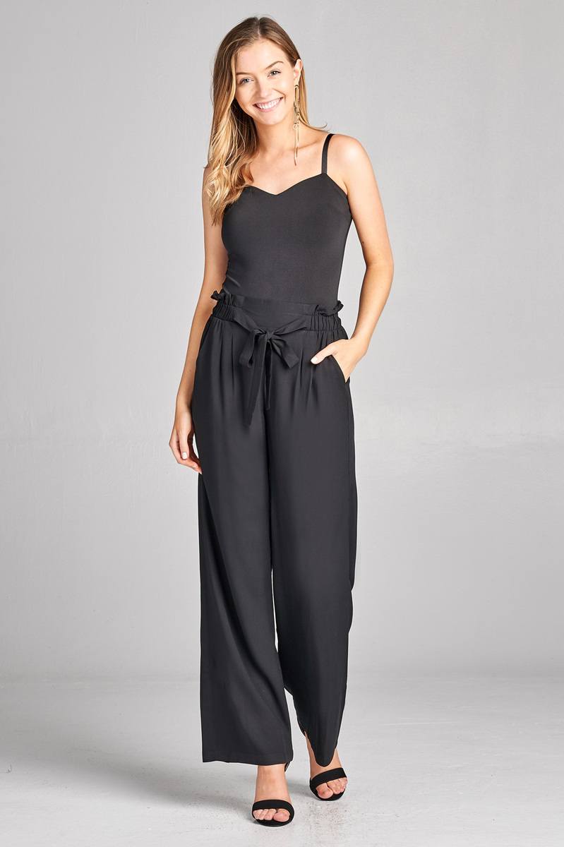 Ladies fashion self ribbon detail long wide leg woven pants