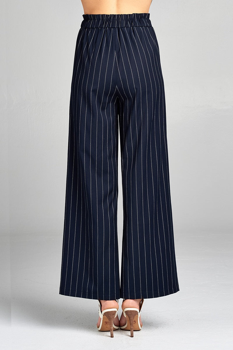 Ladies fashion high waist w/self belt long leg wide pinstripe woven pants