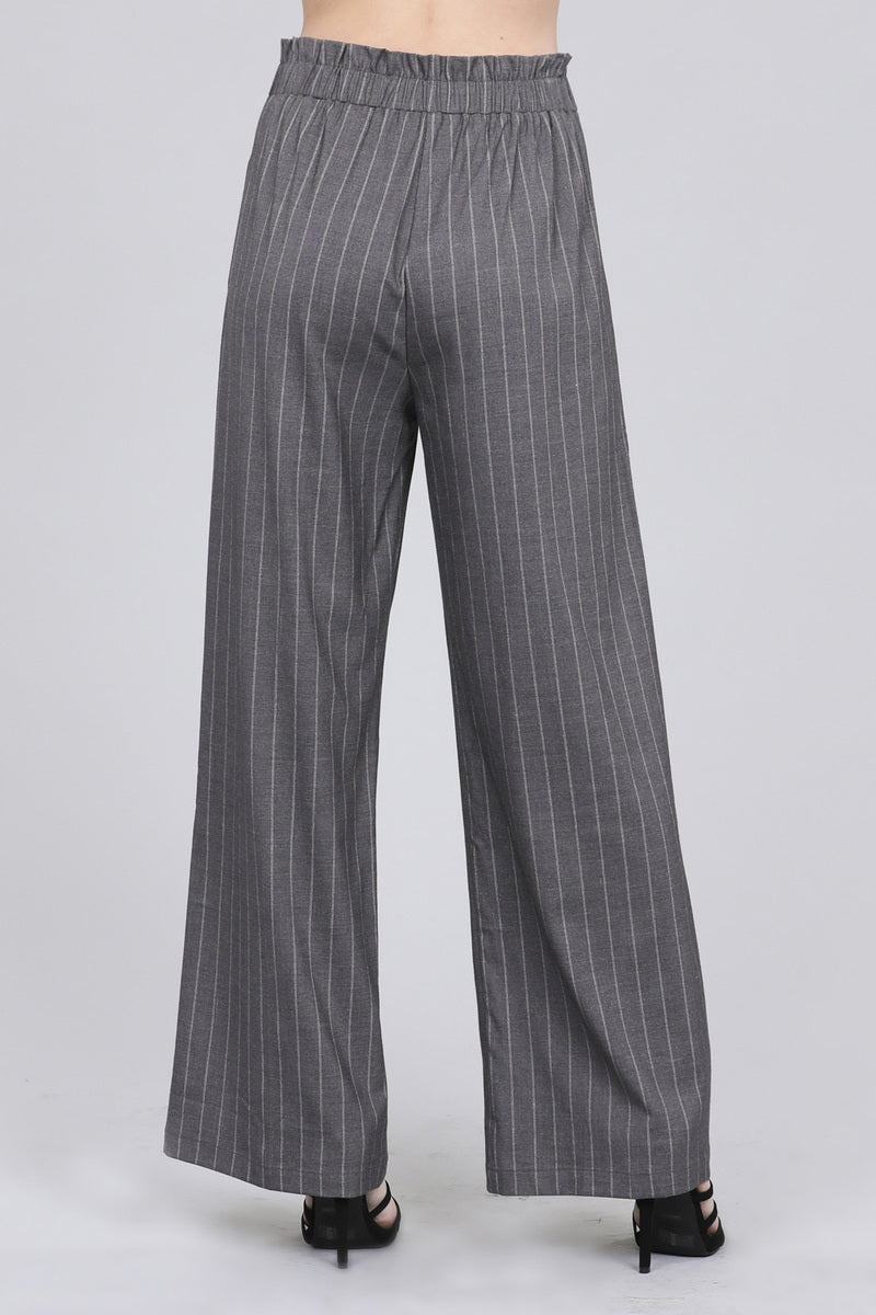 Ladies fashion high waist w/self belt long leg wide pinstripe woven pants