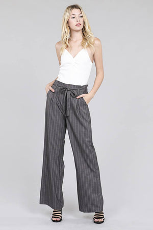 Ladies fashion high waist w/self belt long leg wide pinstripe woven pants