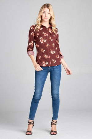 Ladies fashion plus size 3/4 roll up sleeve front pocket detail flower print stretch knit shirts