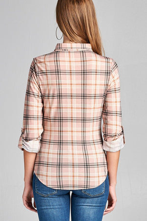 Ladies fashion plus size 3/4 roll up sleeve front pocket detail plaid check print stretch knit shirts