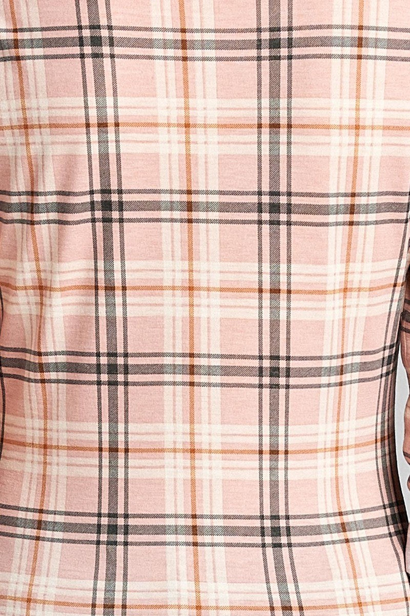 Ladies fashion plus size 3/4 roll up sleeve front pocket detail plaid check print stretch knit shirts