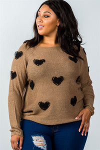 Ladies fashion plus size long sleeve mocha textured heart shaped sweater