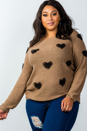 Ladies fashion plus size long sleeve mocha textured heart shaped sweater