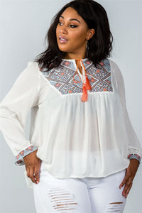 Ladies fashion plus size long sleeves white boho tribal print tassel tie top