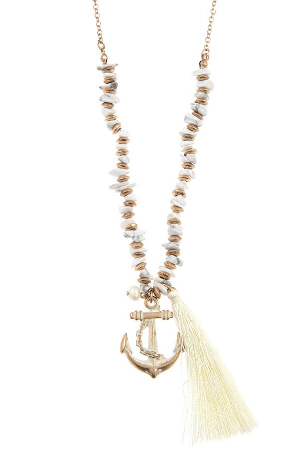 Anchor tassel pendant chipped gem necklace set