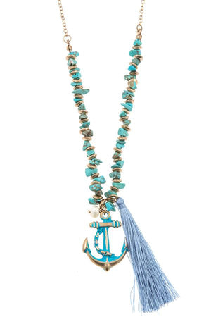 Anchor tassel pendant chipped gem necklace set