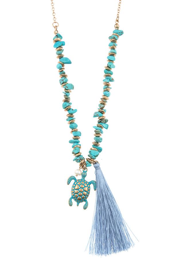 Turtle tassel pendant chipped gem necklace set