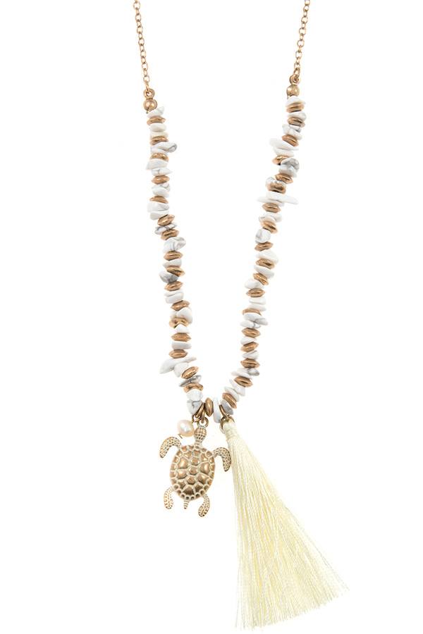 Turtle tassel pendant chipped gem necklace set