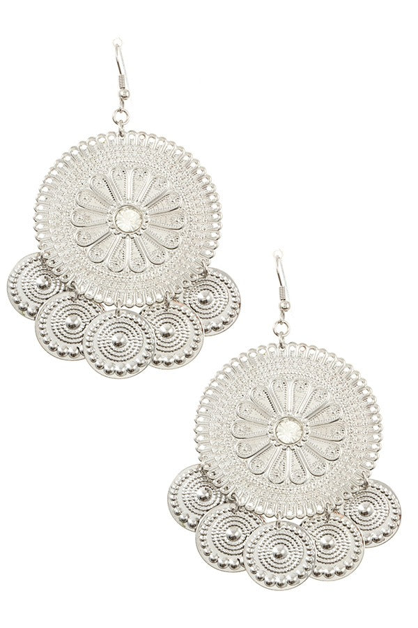 Floral textured round with coin dangle earring