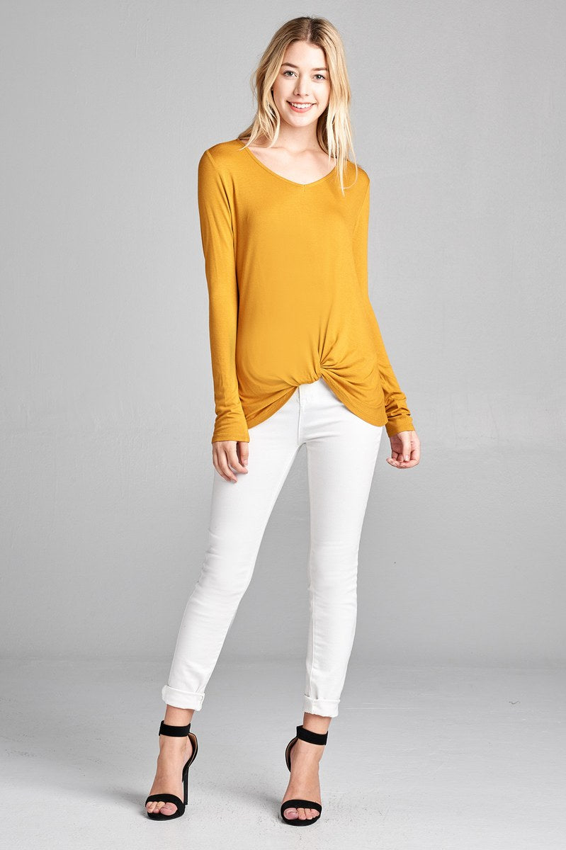 Ladies fashion long sleeve v-neck front twisted rayon spandex crepe top