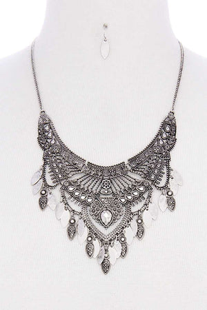 Antique metal pointed oval shape dangle bib statement necklace