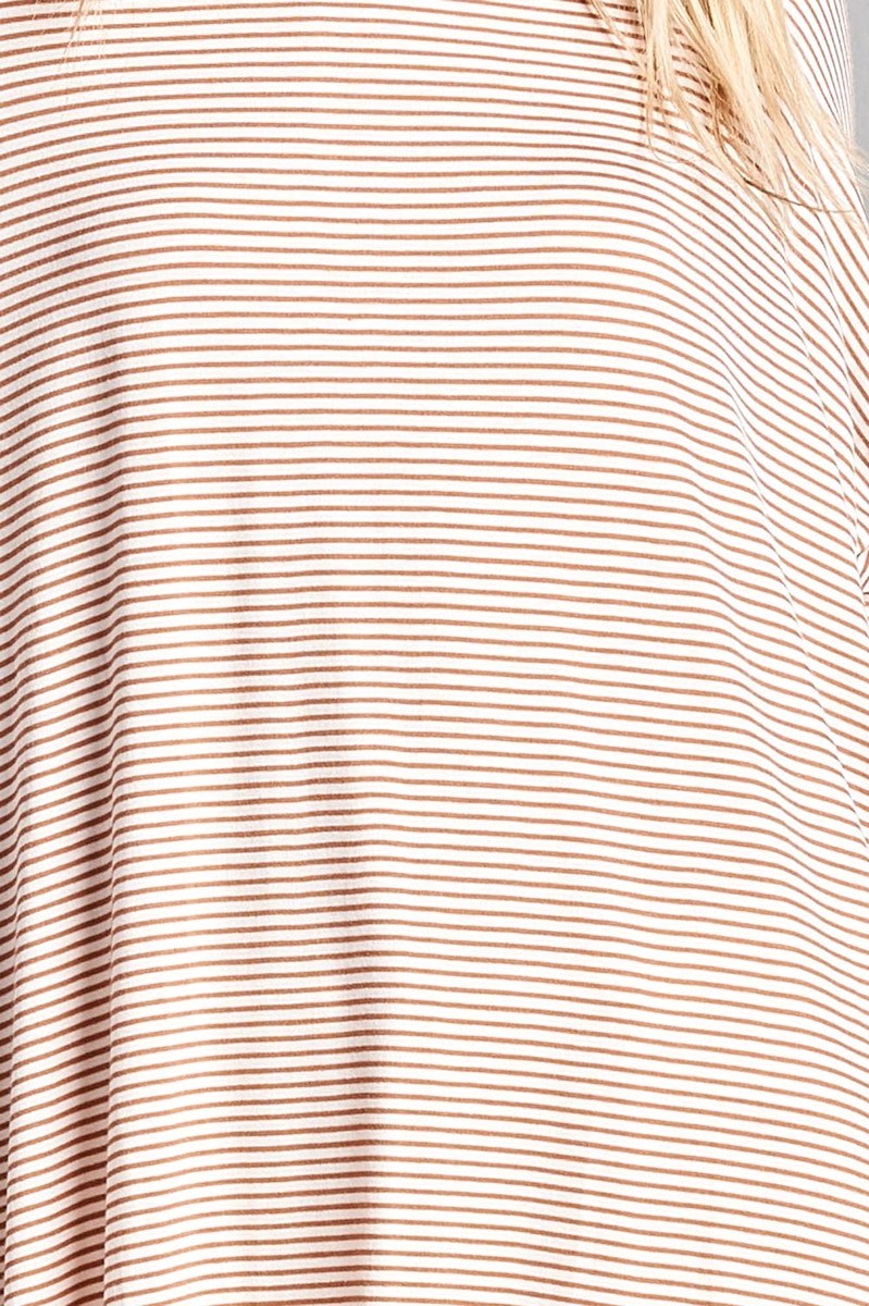 Ladies fashion plus size 3/4 dolman sleeve round neck w/back flare dart detail high and low stripe rayon spandex top