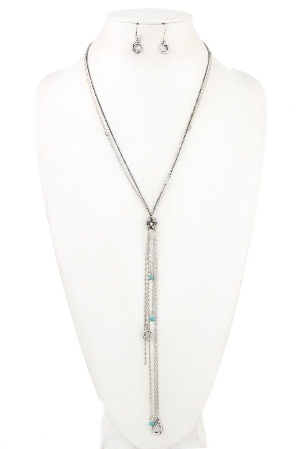 Double chain floral link long necklace set