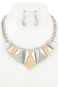 Faceted triangle metal link bib necklace set