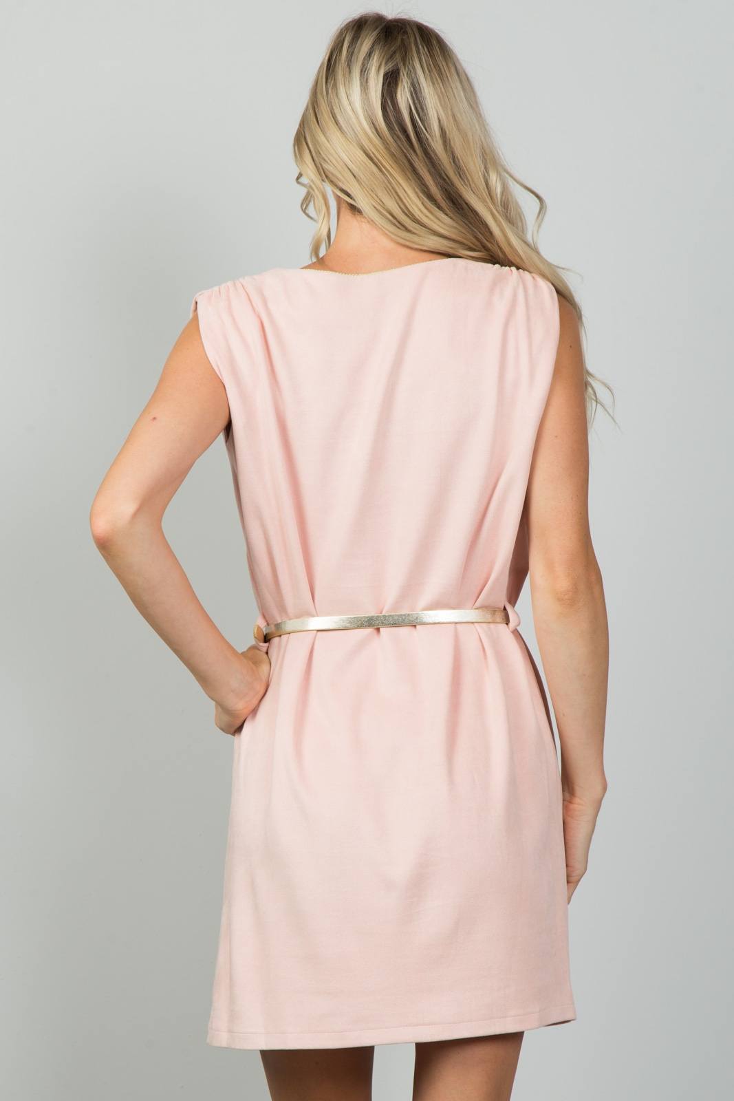 Ladies fashion gold rope neckline applique pink faux suede belted mini dress
