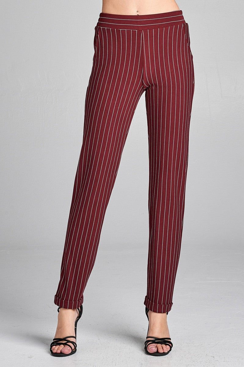 Ladies fashion waist elastic w/pocket striped knit pants