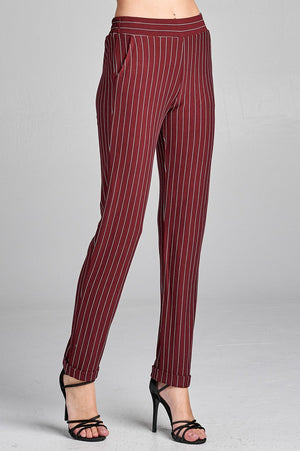 Ladies fashion waist elastic w/pocket striped knit pants