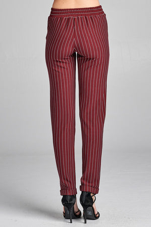 Ladies fashion waist elastic w/pocket striped knit pants