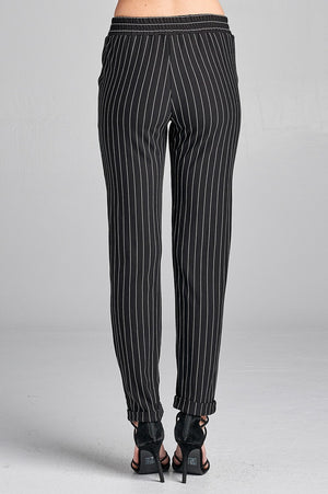 Ladies fashion waist elastic w/pocket striped knit pants
