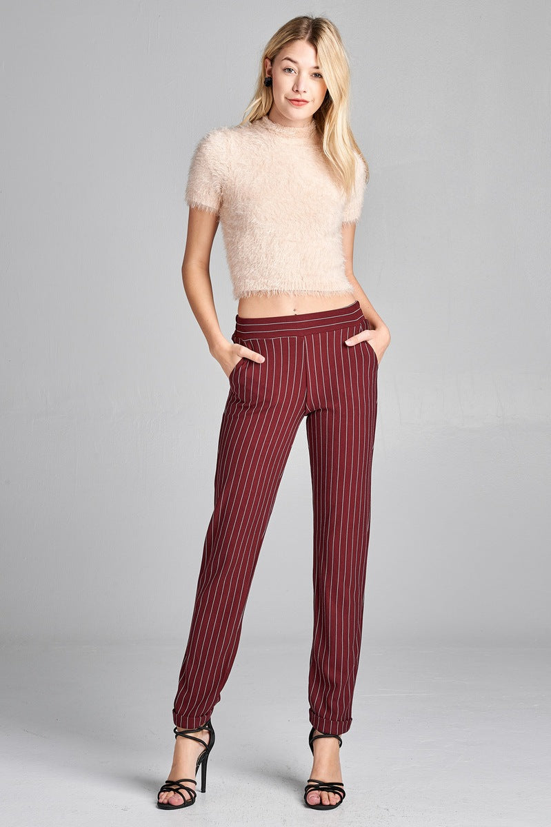 Ladies fashion waist elastic w/pocket striped knit pants