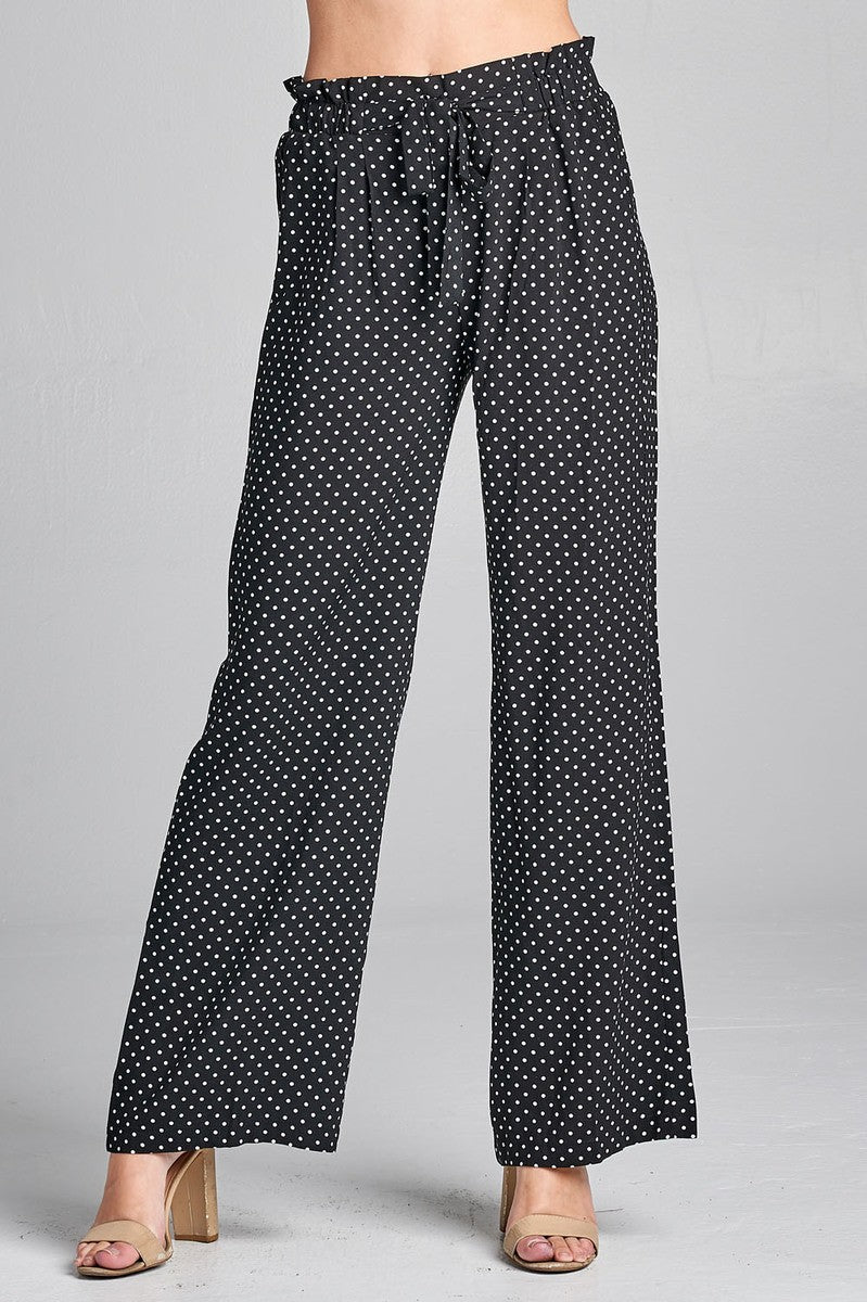Ladies fashion self ribbon detail long wide leg dot print woven pants