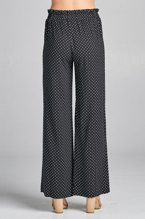 Ladies fashion self ribbon detail long wide leg dot print woven pants