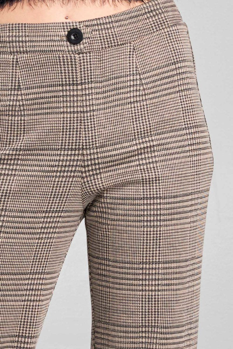 Ladies fashion waist band w/button long wide check pants