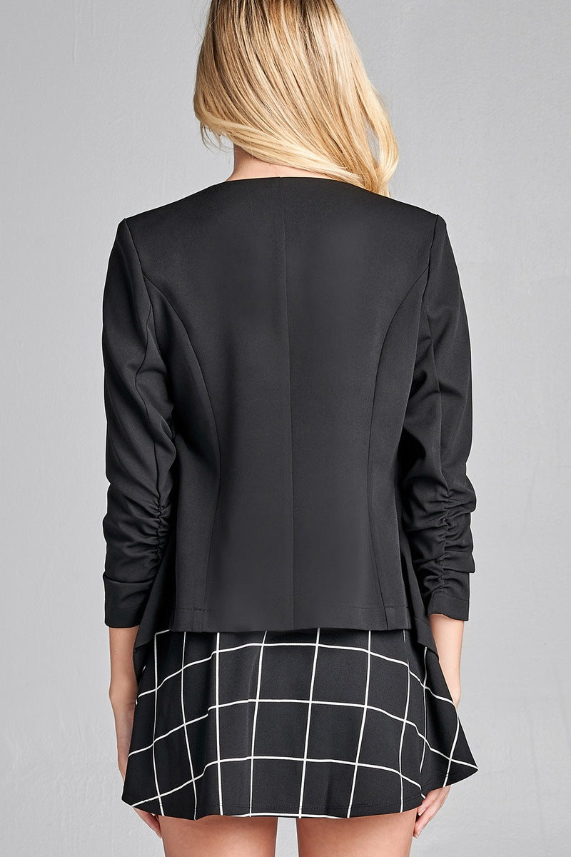 Ladies fashion 3/4 shirring sleeve open front woven jacket