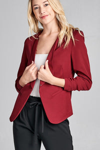 Ladies fashion 3/4 shirring sleeve open front woven jacket