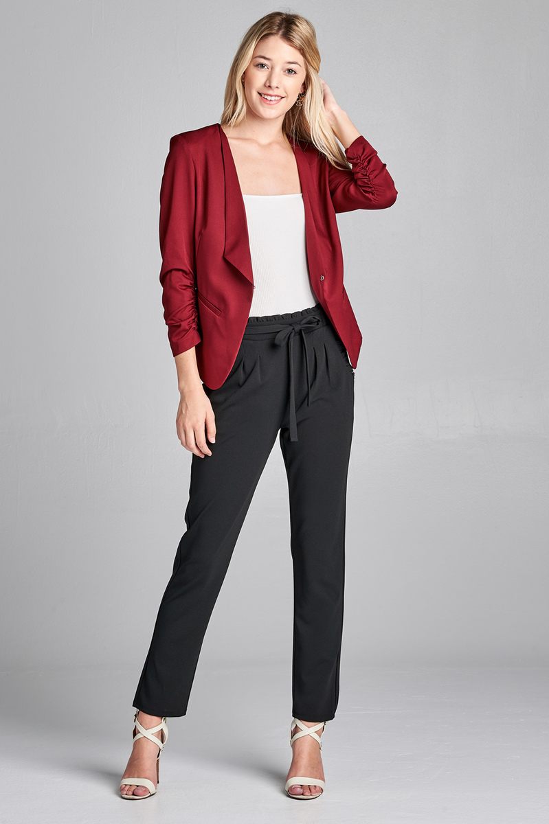 Ladies fashion 3/4 shirring sleeve open front woven jacket