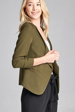 Ladies fashion 3/4 shirring sleeve open front woven jacket