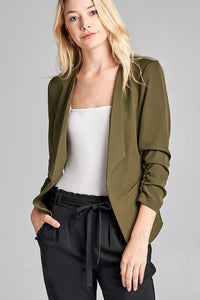 Ladies fashion 3/4 shirring sleeve open front woven jacket