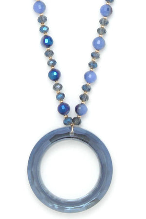 Textured circle pendant beaded long necklace