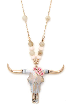 Floral cattle skull pendant beaded necklace
