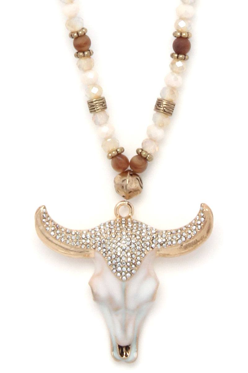 Cattle skull rhinestone pendant beaded necklace