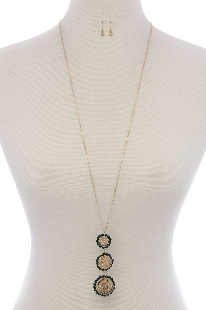 Round filigree beaded pendant long necklace