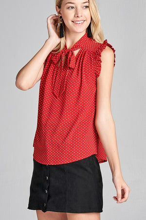 Ladies fashion plus size short ruffle sleeve self tie dot print crepe woven top