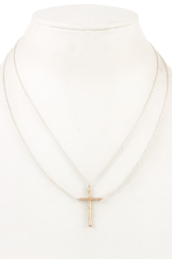 Double chain cross pendant necklace