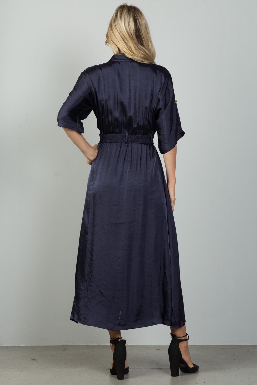 Ladies fashion button down elastic belted maxi dress