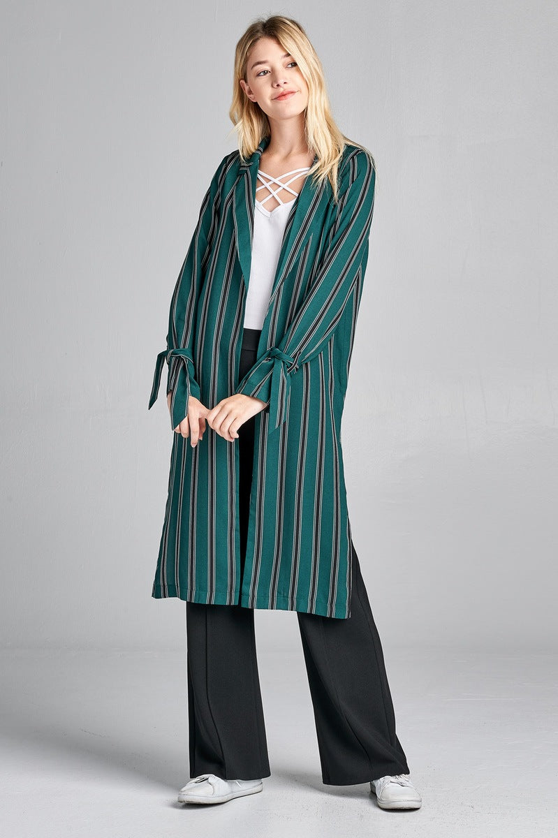 Ladies fashion long sleeve notched collar side slit multi stripe long jacket