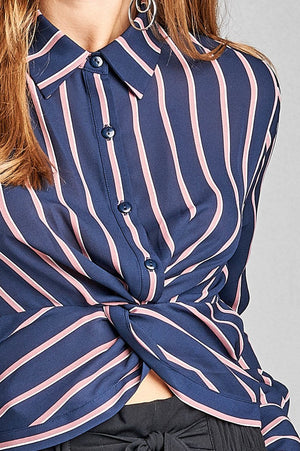 Ladies fashion long sleeve front button w/twisted detail stripe print woven shirt