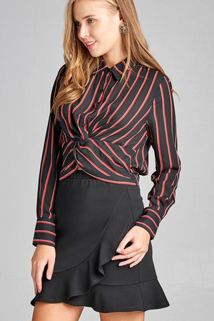 Ladies fashion long sleeve front button w/twisted detail stripe print woven shirt