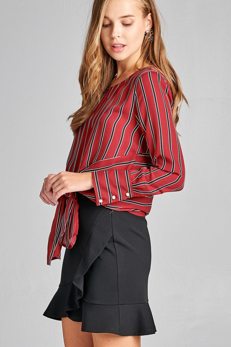 Ladies fashion long sleeve round neck front self tie multi stripe print woven top